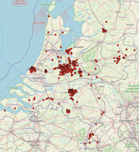Kaart van Nederland waar alle sensoren van proejct Pientere Tuinen staan